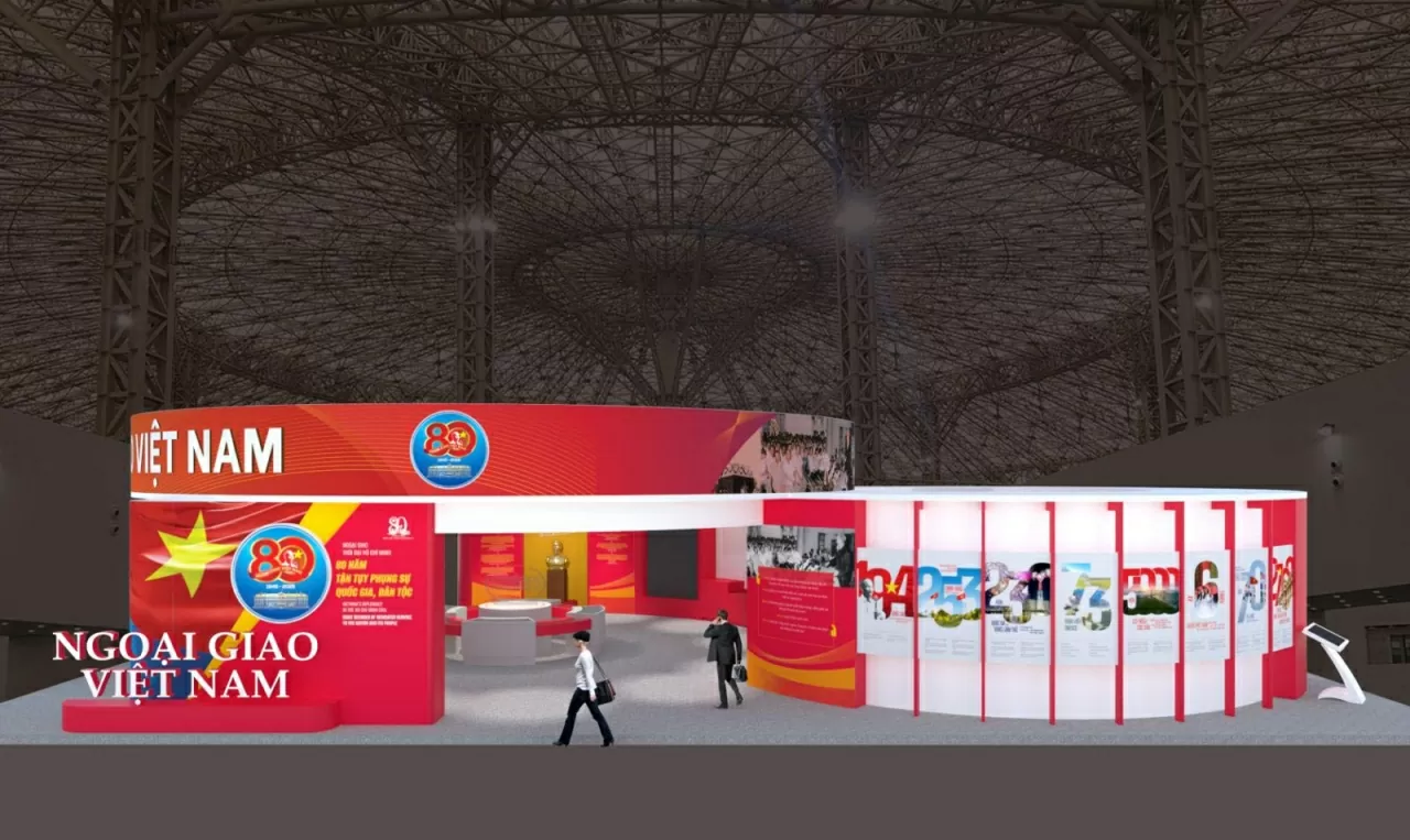 Bản mô phỏng 3D Không gian triển lãm Ngành Ngoại giao. (Ảnh: Thành Long) Bản mô phỏng 3D Không gian triển lãm Ngành Ngoại giao. (Ảnh: Thành Long)