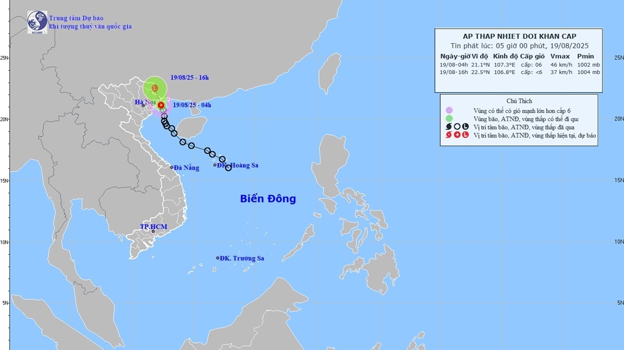 Áp thấp nhiệt đới trên vùng bờ biển các tỉnh Quảng Ninh-Hải Phòng, ngày và đêm 19/8, Đông Bắc Bộ, Thanh Hóa mưa vừa, mưa to