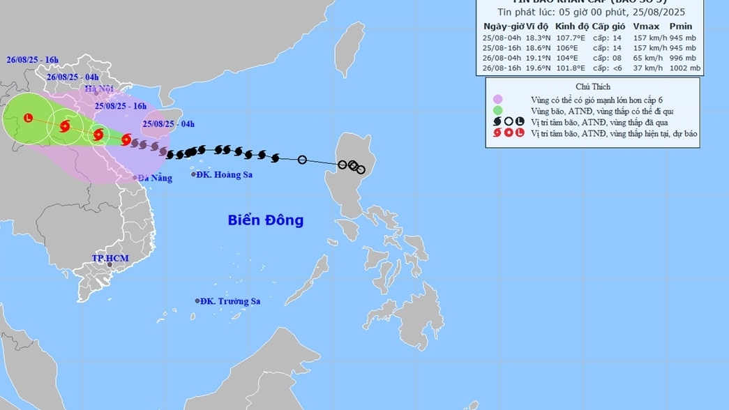 Dự báo, đến chiều nay (25/8), bão số 5 đổ bộ biển ven bờ Thanh Hóa-Bắc Quảng Trị, gió giật cấp 17