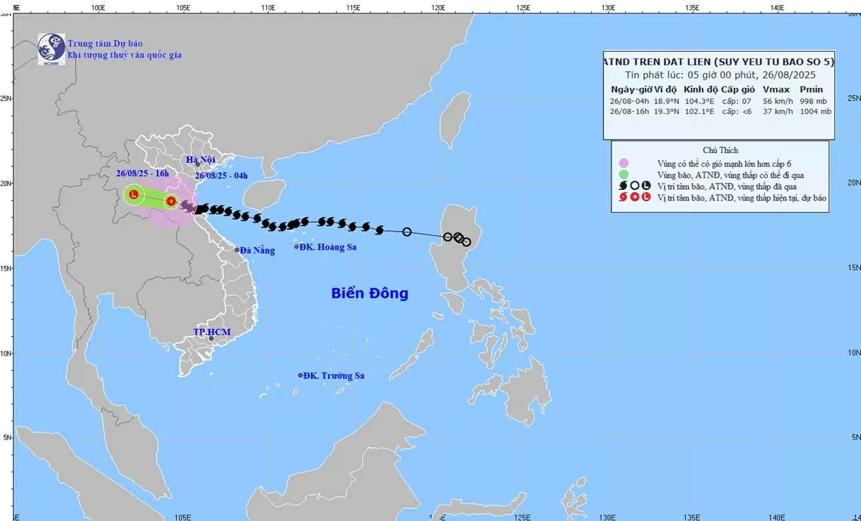 Bão số 5 suy yếu thành áp thấp nhiệt đới, di chuyển sang khu vực Trung Lào; mưa to tại một số nơi ở Bắc Bộ, từ Thanh Hoá đến Hà Tĩnh Bão số 5 suy yếu thành áp thấp nhiệt đới, di chuyển sang khu vực Trung Lào; mưa to tại một số nơi ở Bắc Bộ, từ Thanh Hoá đến Hà Tĩnh