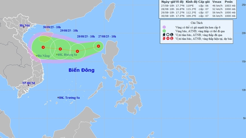 Áp thấp nhiệt đới trên Biển Đông di chuyển theo hướng Tây Tây Nam, tiến về phía đặc khu Hoàng Sa