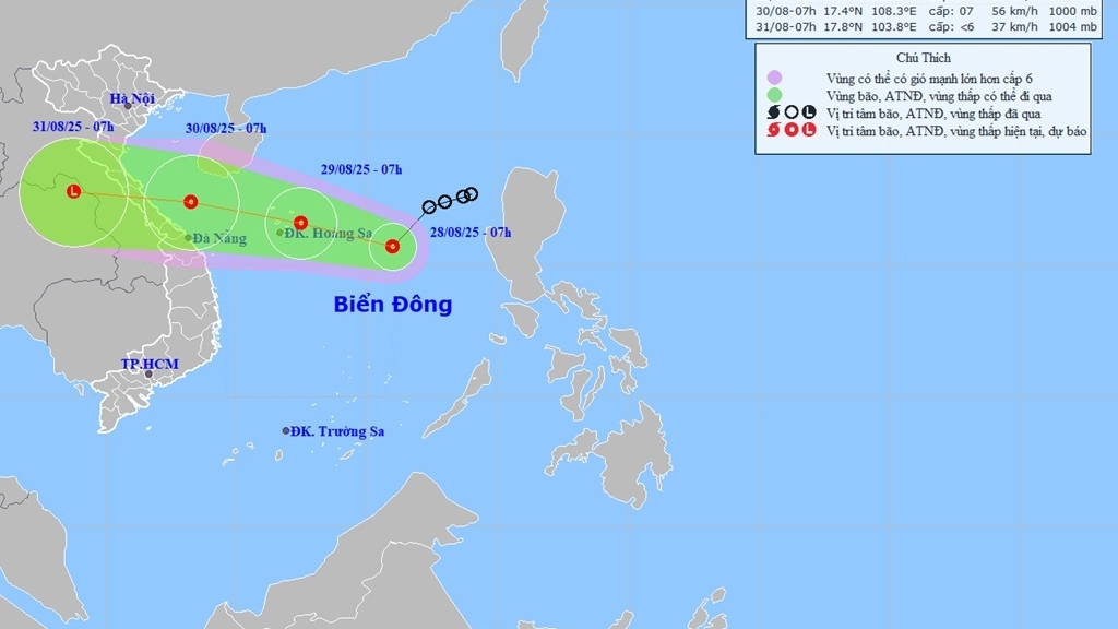 Áp thấp nhiệt đới duy trì cường độ gió giật cấp 9, sẽ di chuyển trên vùng biển đặc khu Hoàng Sa, Nghệ An đến Đà Nẵng