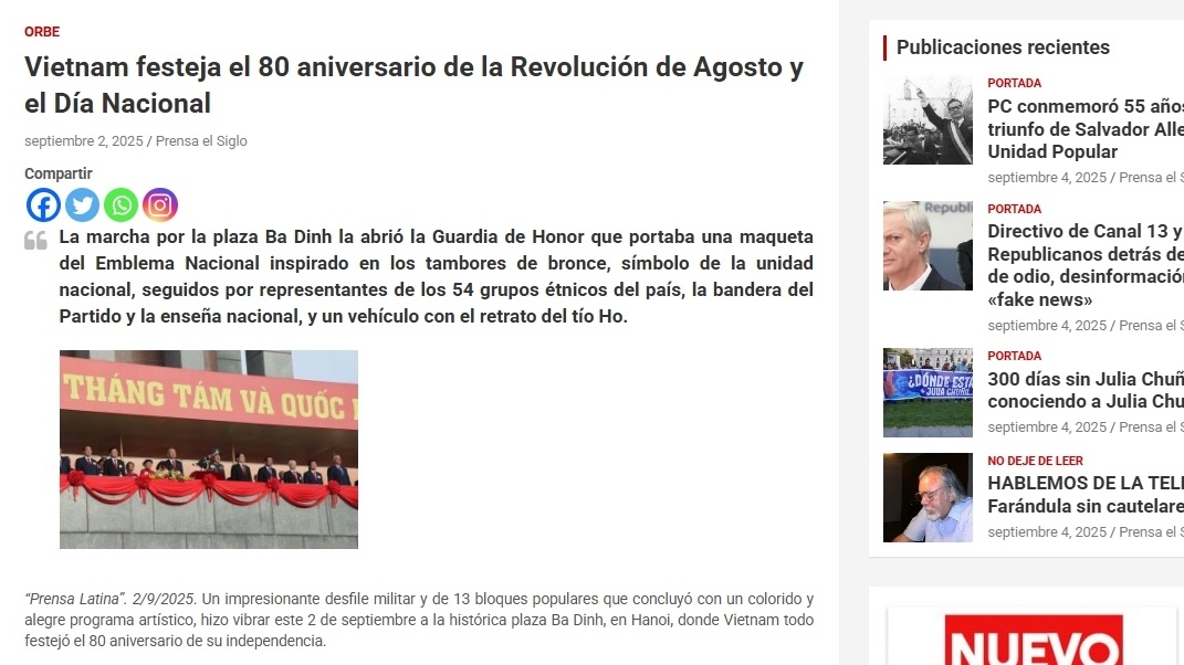 Truyền thông Mỹ Latinh đề cao tinh thần đoàn kết, tự hào dân tộc của Việt Nam qua kỷ niệm 80 năm Quốc khánh