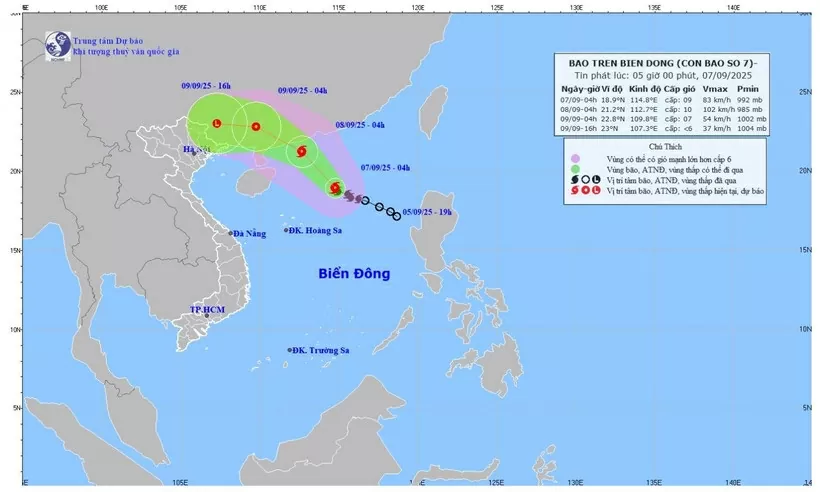 Bản đồ dự báo quỹ đạo và cường độ bão lúc 5 giờ sáng 7/9/2025. (Ảnh: Trung tâm Dự báo khí tượng thủy văn quốc gia) Bản đồ dự báo quỹ đạo và cường độ bão lúc 5 giờ sáng 7/9/2025. (Ảnh: Trung tâm Dự báo khí tượng thủy văn quốc gia)