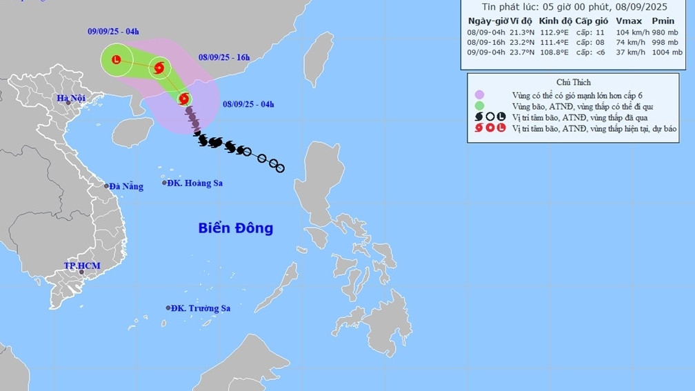 Dự báo thời tiết: Chiều nay (8/9), bão số 7 di chuyển trên đất liền tỉnh Quảng Đông (Trung Quốc); rìa xa hoàn lưu có thể xuất hiện giông, lốc