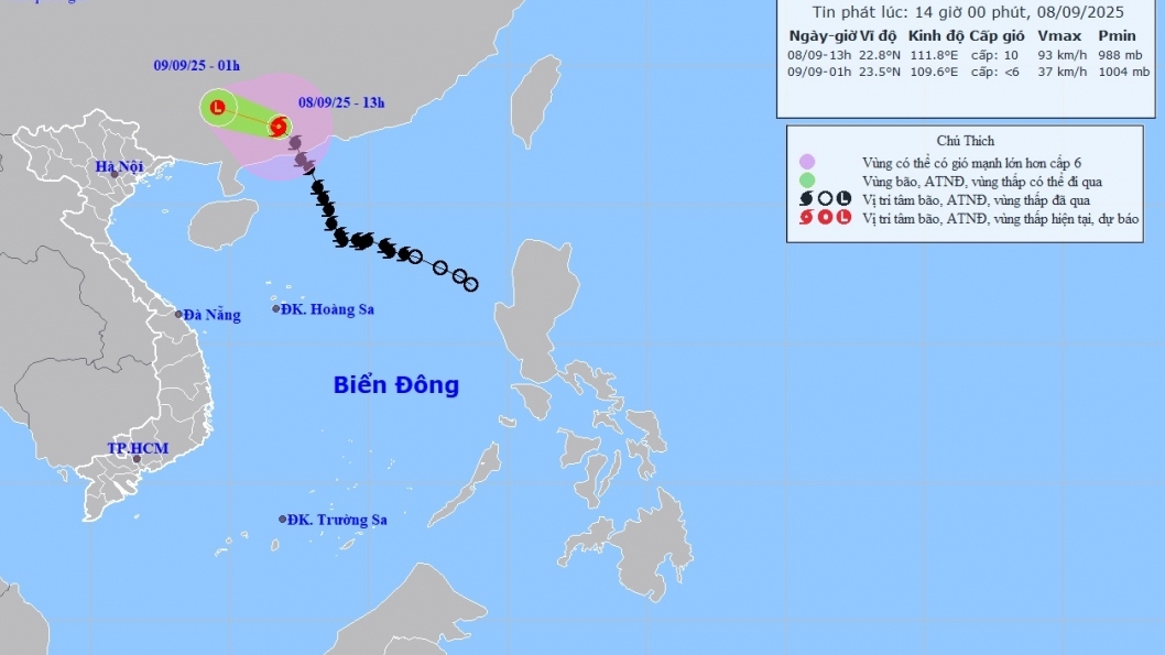 Dự báo các khu vực ở rìa xa hoàn lưu bão số 7 có thể xuất hiện giông, lốc, gió giật mạnh