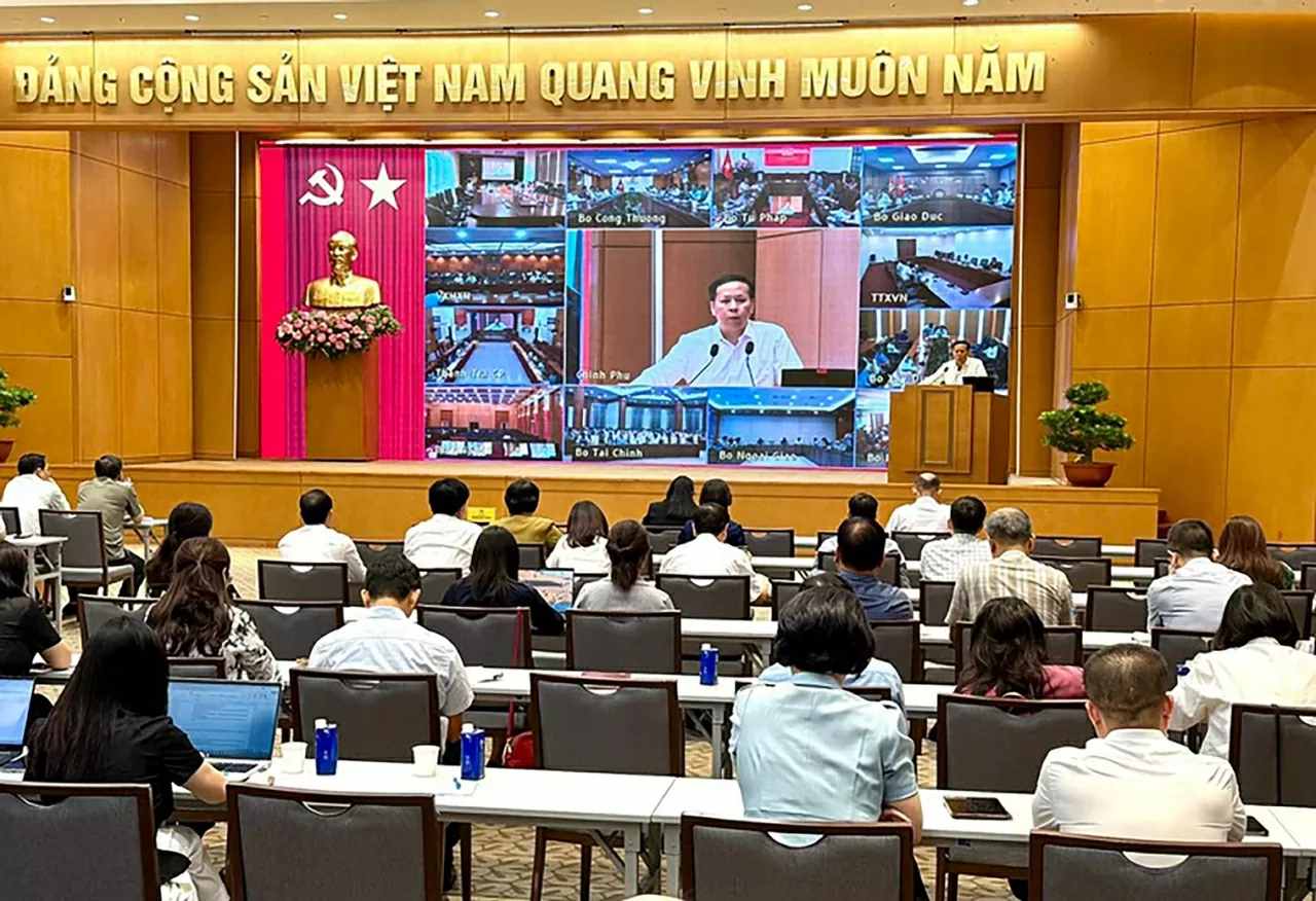 Toàn cảnh điểm cầu Trực tiếp tại Trụ sở Chính phủ. (Nguồn: VGP) Toàn cảnh điểm cầu Trực tiếp tại Trụ sở Chính phủ. (Nguồn: VGP)