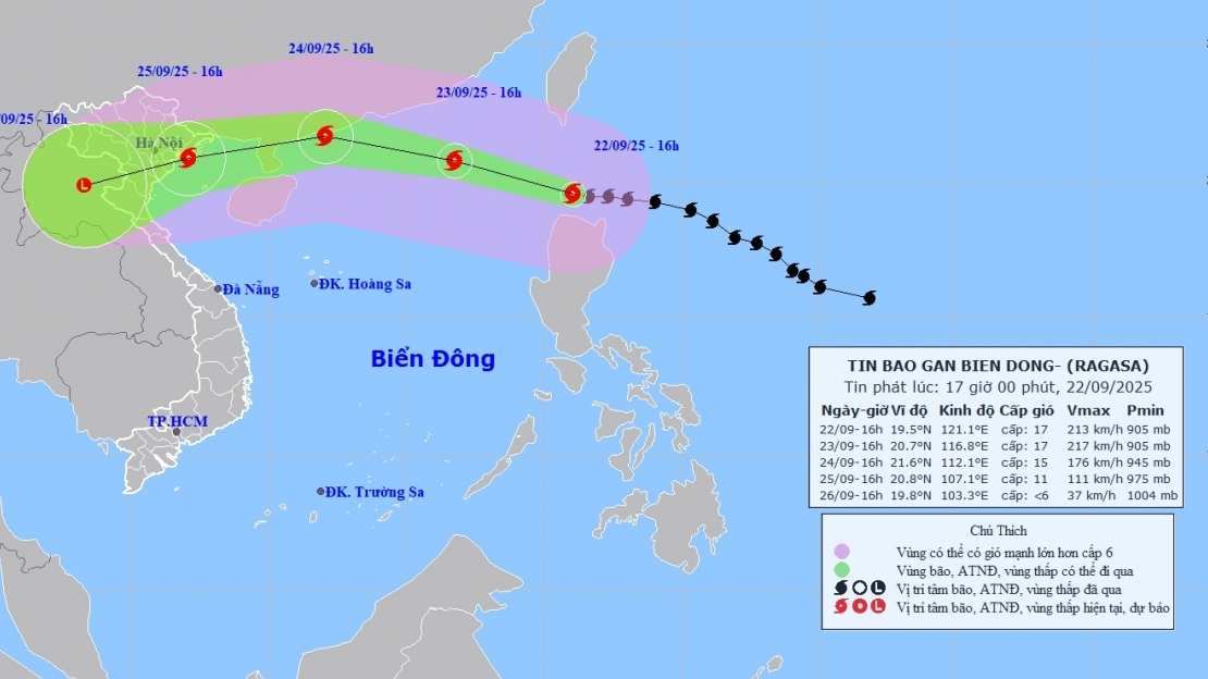 Dự báo tác động của siêu bão Ragasa: Từ ngày 24/9, khu vực vịnh Bắc Bộ gió mạnh dần, sóng cao 5-7m