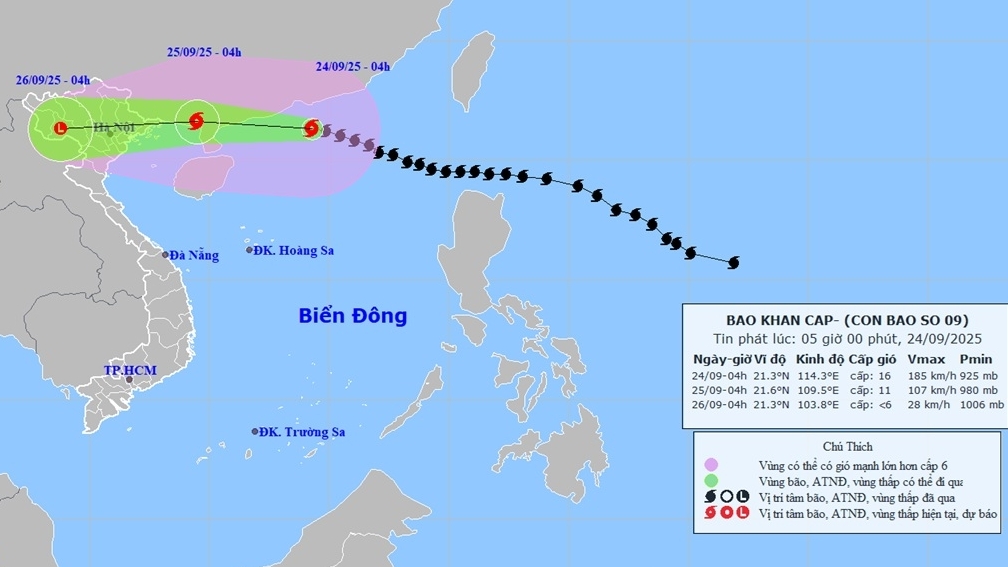 Dự báo tác động của siêu bão số 9: Từ ngày 25/9, ven biển Quảng Ninh-Ninh Bình gió mạnh dần, khu vực sâu trong đất liền Đông Bắc Bộ cường độ cấp 5