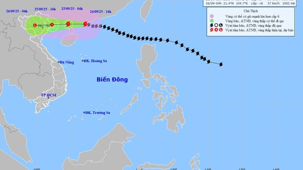 Dự báo bão số 9: Cách Móng Cái khoảng hơn 400km, chiều 25/9 tiếp tục suy yếu trên đất liền tỉnh Quảng Ninh, đề phòng mưa lớn gây ngập úng