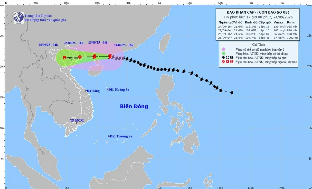 Dự báo bão số 9: Cách Móng Cái khoảng hơn 400km, chiều 25/9 tiếp tục suy yếu trên đất liền tỉnh Quảng Ninh; đề phòng mưa lớn gây ngập úng đô thị Dự báo bão số 9: Cách Móng Cái khoảng hơn 400km, chiều 25/9 tiếp tục suy yếu trên đất liền tỉnh Quảng Ninh; đề phòng mưa lớn gây ngập úng đô thị