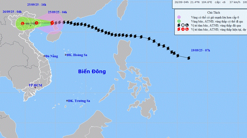 Dự báo bão số 9: Chiều nay (25/9) suy yếu thành áp thấp nhiệt đới trên đất liền khu vực Đông Bắc Bắc Bộ