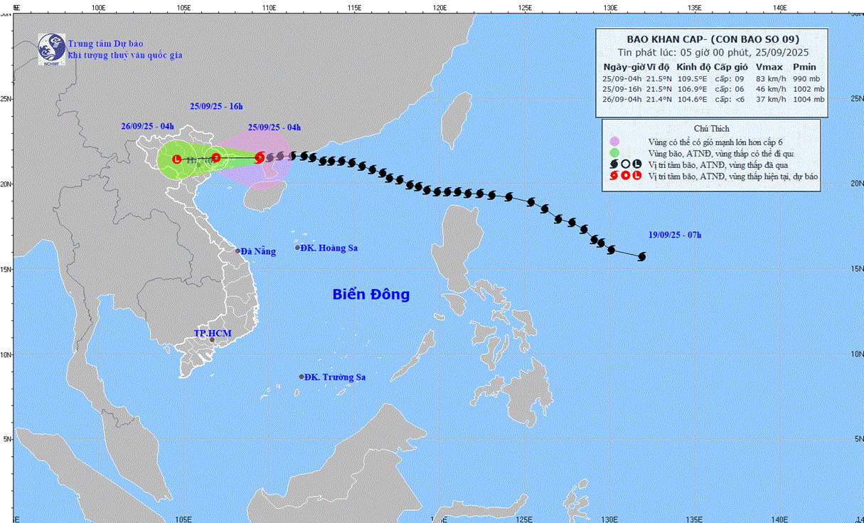 Dự báo bão số 9: Chiều nay (25/9) suy yếu thành áp thấp nhiệt đới trên đất liền khu vực Đông Bắc Bắc Bộ