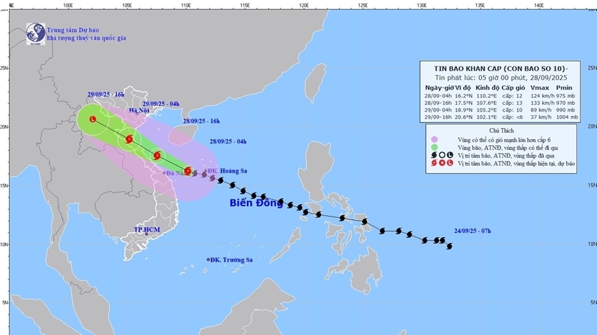 Thời tiết ngày 28/9: Bão số 10 có cường độ rất mạnh, di chuyển nhanh vào đất liền; Hà Nội chiều và đêm có mưa vừa, mưa to