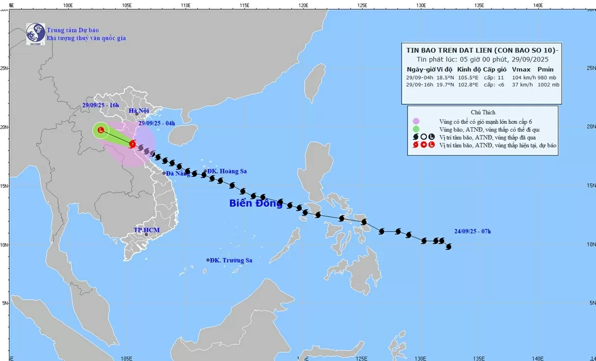 Bão số 10 đi vào đất liền ven biển tỉnh Hà Tĩnh, vùng ven biển từ Quảng Ninh đến Thanh Hóa gió cấp 6-7, Đồng bằng Bắc Bộ mưa lớn cục bộ trên 400mm
