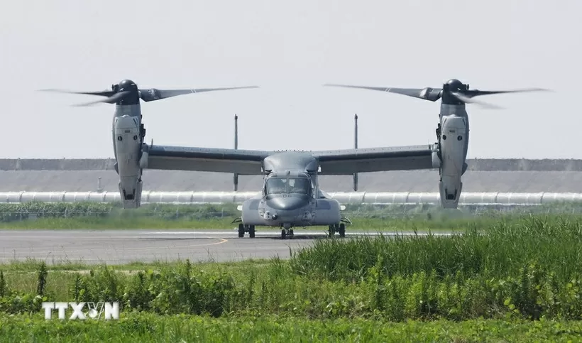 Máy bay vận tải Osprey V-22 Osprey tại căn cứ mới của GSDF ở tỉnh Saga, Nhật Bản ngày 9/7/2025. (Nguồn: Kyodo/TTXVN) Máy bay vận tải Osprey V-22 Osprey tại căn cứ mới của GSDF ở tỉnh Saga, Nhật Bản ngày 9/7/2025. (Nguồn: Kyodo/TTXVN)