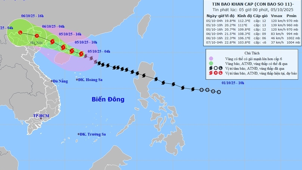 Dự báo thời tiết hôm nay (5/10): Bắc Bộ ngày nắng, đến đêm vùng núi và trung du mưa to đến rất to;  bão số 11 cách Quảng Ninh khoảng gần 250km