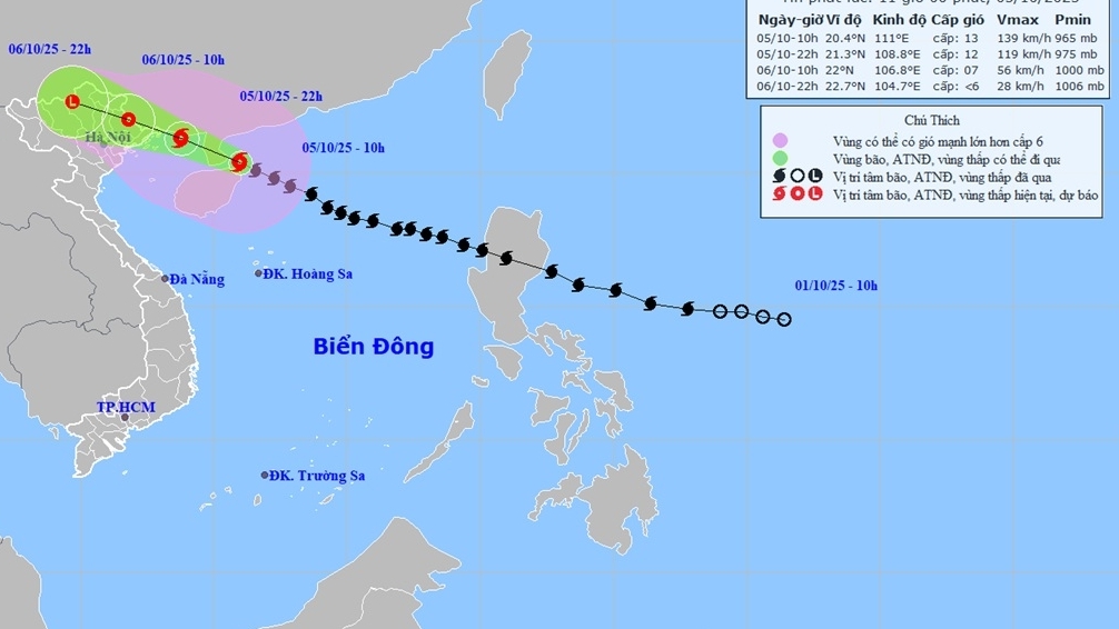 Dự báo đến đêm nay (5/10), bão số 11 trên vùng biển tỉnh Quảng Ninh; khu vực Hà Nội cần đề phòng giông, lốc, gió giật mạnh, mưa to đến hết ngày 7/10