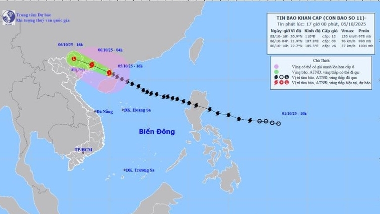 Diễn biến mới nhất bão số 11: Giảm về cường độ, dự kiến suy yếu thành vùng áp thấp từ chiều 6/10