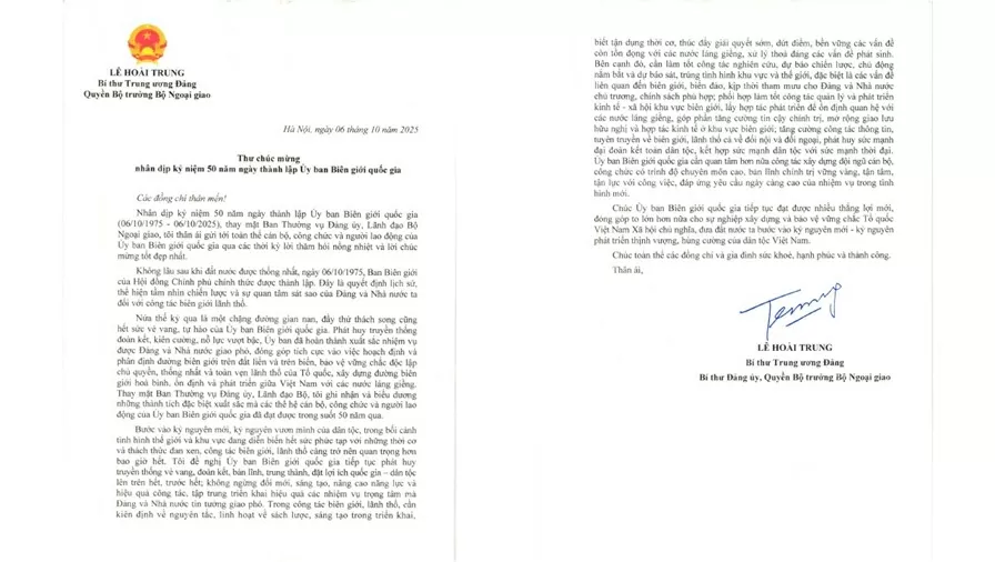 Thư chúc mừng của Bí thư Trung ương Đảng, Quyền Bộ trưởng Ngoại giao Lê Hoài Trung nhân dịp kỷ niệm 50 năm Ủy ban Biên giới quốc gia