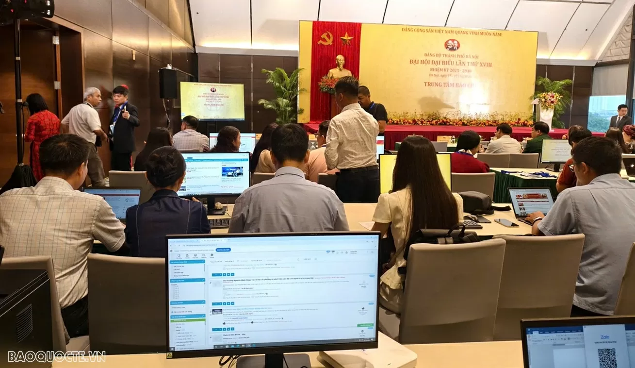 Trung tâm Báo chí phục vụ Đại hội đại biểu Đảng bộ TP Hà Nội lần thứ XVIII. (Ảnh: Trần Trung)