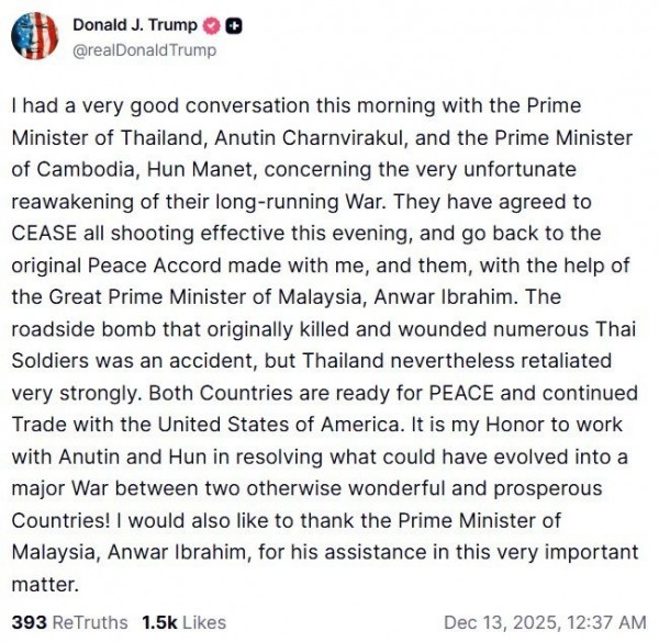 Tổng thống Trump: Thái Lan và Campuchia nhất trí 'chấm dứt tiếng súng' sau điện đàm