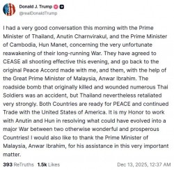 Tổng thống Trump: Thái Lan và Campuchia nhất trí 'chấm dứt tiếng súng' sau điện đàm