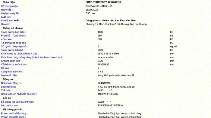 Giấy chứng nhận chất lượng phiên bản cao cấp nhất của Ford Territory tại Việt Nam