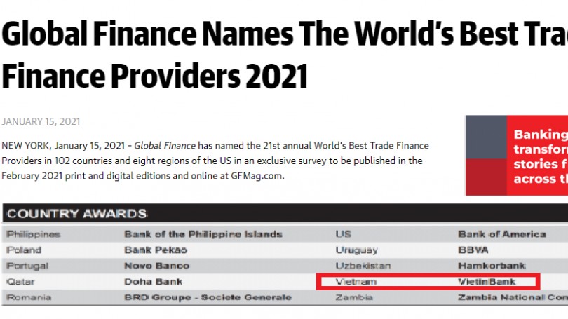 VietinBank - Ngân hàng Tài trợ thương mại tốt nhất Việt Nam năm 2021