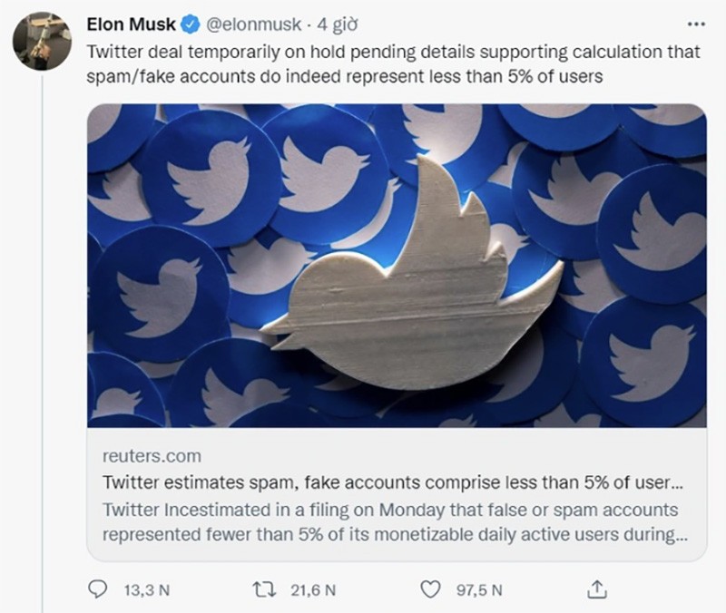 Tỷ phủ Elon Musk tạm dừng mua Twitter, giá cố phiếu Twitter giảm