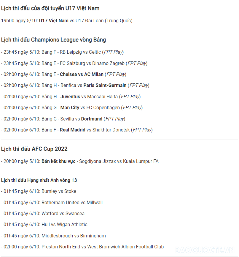 Lịch thi đấu bóng đá hôm nay 5/10 và rạng sáng 6/10 Lịch thi đấu bóng đá hôm nay 5/10 và rạng sáng 6/10