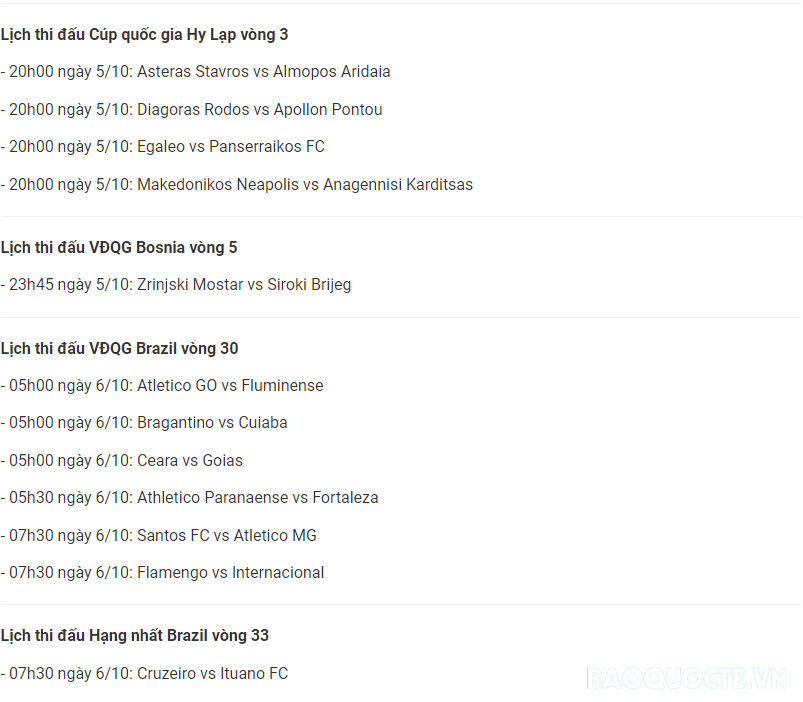 Lịch thi đấu bóng đá hôm nay 5/10 và rạng sáng 6/10 Lịch thi đấu bóng đá hôm nay 5/10 và rạng sáng 6/10