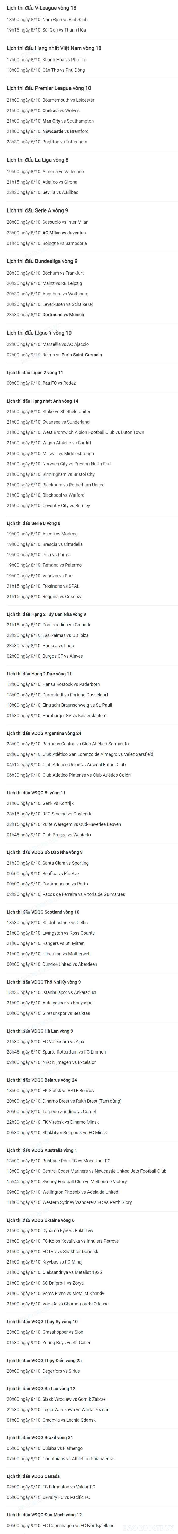 Lịch thi đấu bóng đá hôm nay 8/10 và rạng sáng 9/10