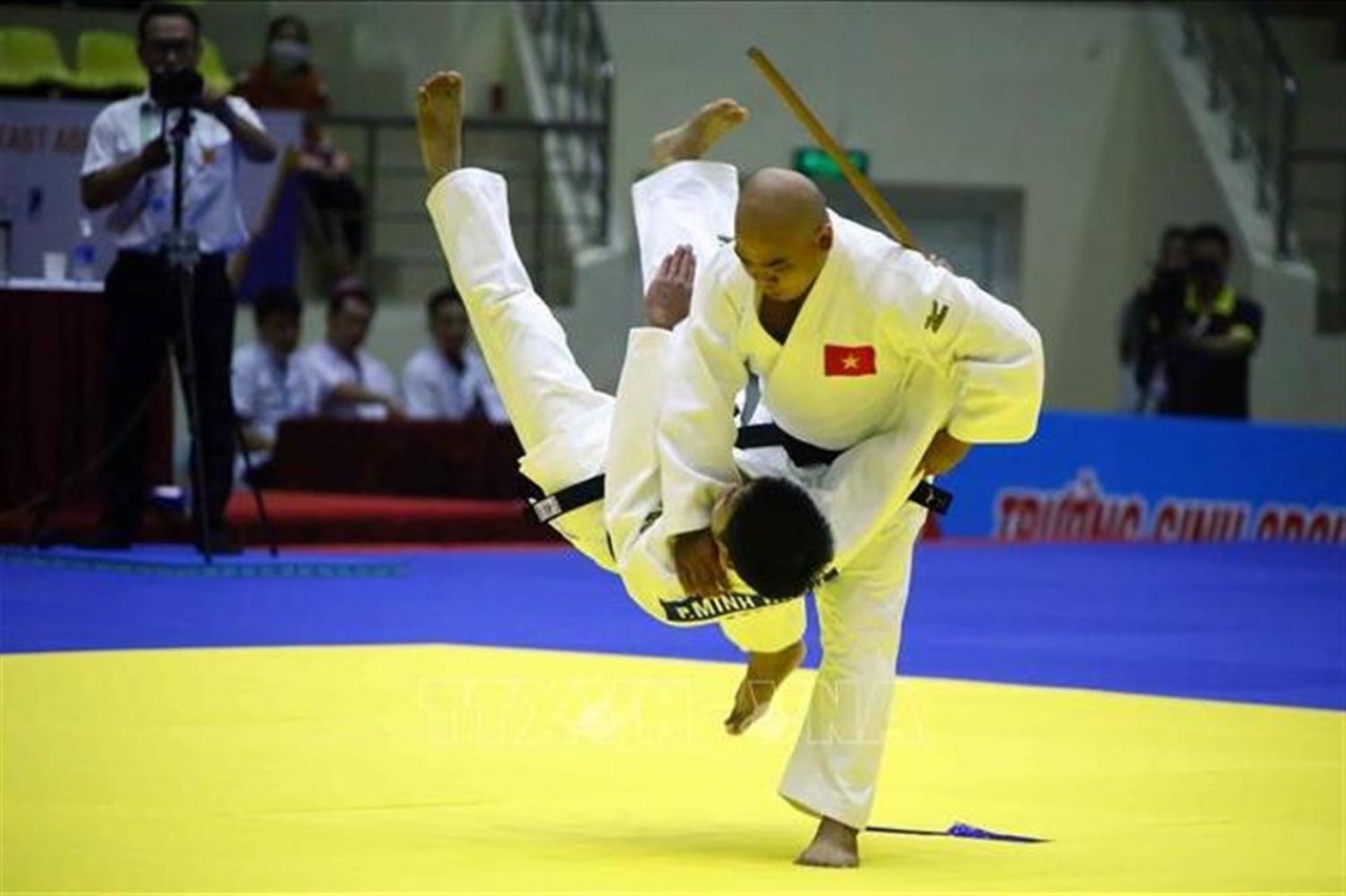 Cặp VĐV Trần Quốc Cường - Phan Minh Hạnh (Việt Nam) xuất sắc giành HCV ở nội dung Kodokan Goshin Jutsu sau khi đạt số điểm 550,5.