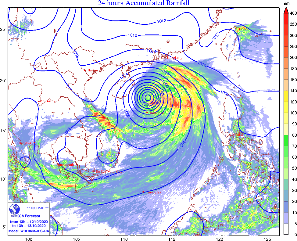 Biểu đồ lượng mưa tại các khu vực trên cả nước. Dự báo thời tiết ngày và đêm 12/10: Mưa lớn diện rộng ở Trung Bộ, Bắc Bộ