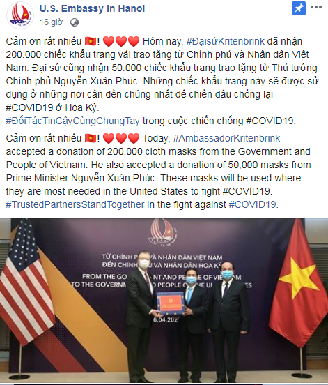 Đại sứ Mỹ cảm ơn Việt Nam gửi tặng khẩu trang vải kháng khuẩn nhằm chống dịch Covid-19 dai su my cam on viet nam gui tang khau trang vai khang khuan nham chong dich covid 19