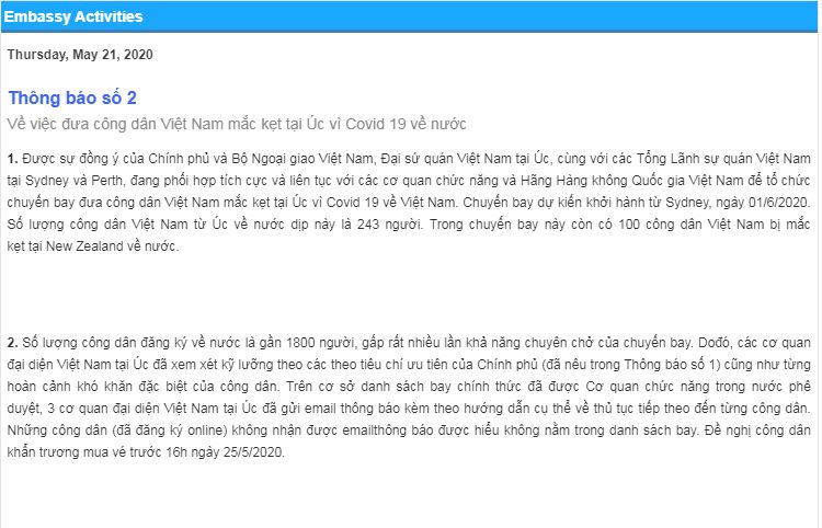 Dịch Covid-19: Dự kiến chuyến bay đưa người Việt ở Australia, New Zealand về nước ngày 1/6