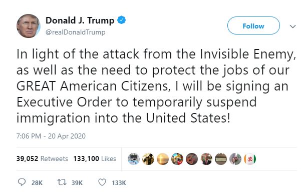 Hơn 42.000 ca tử vong vì Covid-19, Tổng thống Trump sẽ ký sắc lệnh tạm đình chỉ người nhập cư