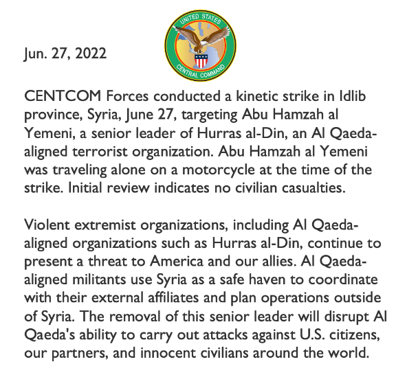 Mỹ bất ngờ không kích tỉnh miền Bắc Syria. (Nguồn: CENTCOM)