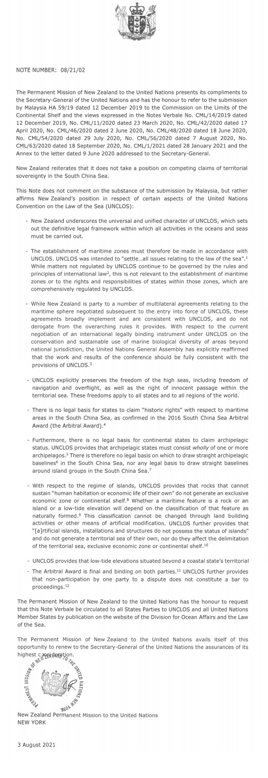 New Zealand gửi công hàm về Biển Đông lên LHQ: Phán quyết của Tòa Trọng tài năm 2016 là cuối cùng và ràng buộc New Zealand gửi công hàm về Biển Đông lên LHQ: Phán quyết của Tòa Trọng tài năm 2016 là cuối cùng và ràng buộc