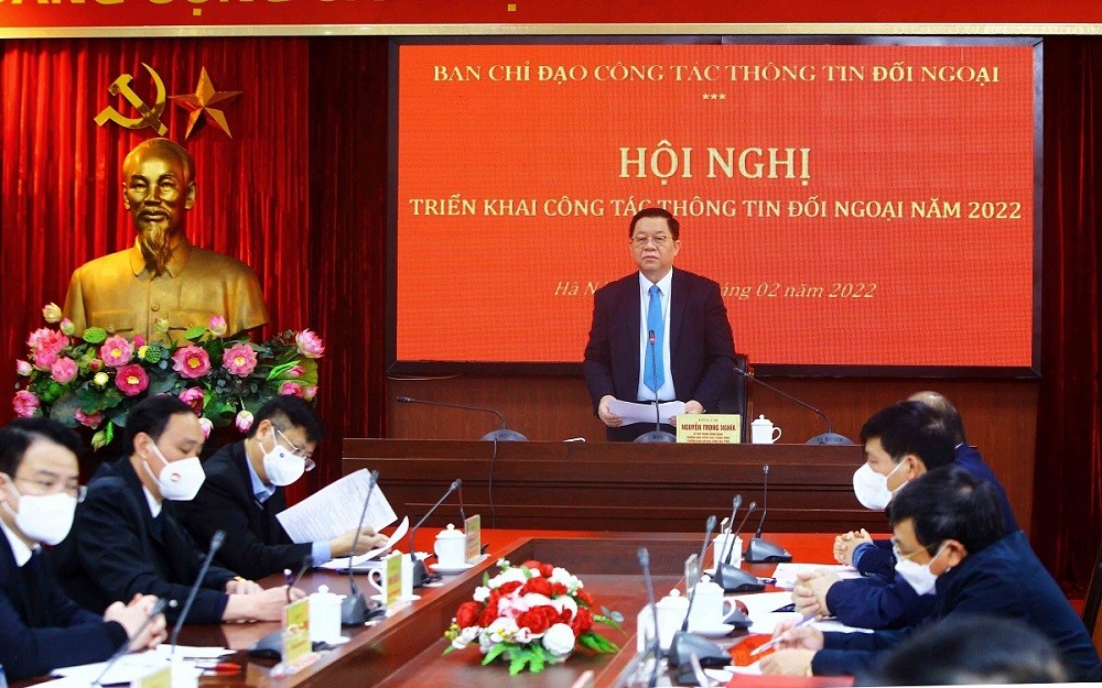 Chiều 23/2/2022, tại Hà Nội, đồng chí Nguyễn Trọng Nghĩa, Bí thư Trung ương Đảng, Trưởng Ban Tuyên giáo Trung ương, Trưởng ban Chỉ đạo Công tác thông tin đối ngoại chủ trì Hội nghị triển khai công tác thông tin đối ngoại năm 2022. (Nguồn: TTXVN) Chiều 23/2/2022, tại Hà Nội, đồng chí Nguyễn Trọng Nghĩa, Bí thư Trung ương Đảng, Trưởng Ban Tuyên giáo Trung ương, Trưởng ban Chỉ đạo Công tác thông tin đối ngoại chủ trì Hội nghị triển khai công tác thông tin đối ngoại năm 2022. (Nguồn: TTXVN)