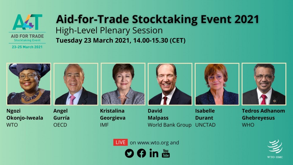 Lãnh đạo các tổ chức quốc tế tham dự Phiên thảo luận cấp cao khai mạc Sự kiện Hỗ trợ thương mại 2021 ngày 23/3.