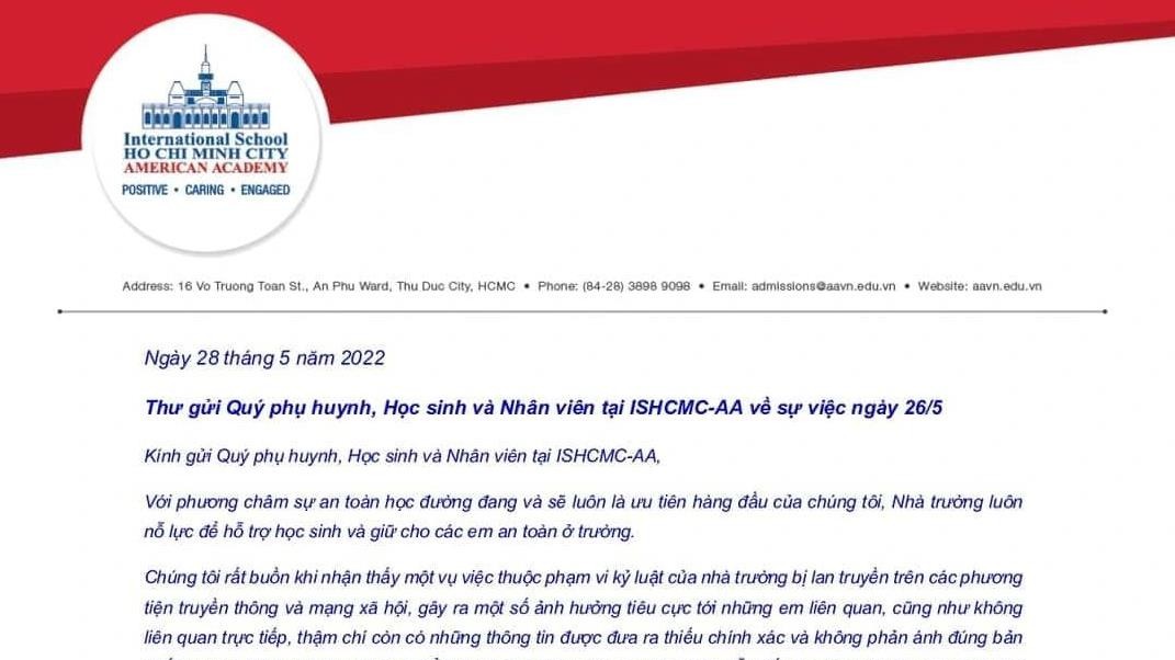 Vụ bạo lực ở trường quốc tế ISHCMC-AA: Hiệu trưởng nói gì?