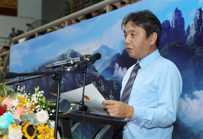 Thứ trưởng Bộ Văn hoá, Thể thao và Du lịch Hoàng Đạo Cương phát biểu khai mạc hội thi. (Nguồn: TTXVN) Thứ trưởng Bộ Văn hoá, Thể thao và Du lịch Hoàng Đạo Cương phát biểu khai mạc hội thi. (Nguồn: TTXVN)