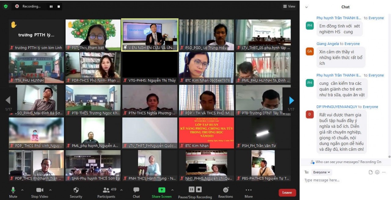 Tập huấn trực tuyến công phòng, chống HIV/AIDS, ma túy, mại dâm cho cha mẹ và học sinh trung học Quảng Ngãi theo hình thức trực tuyến.