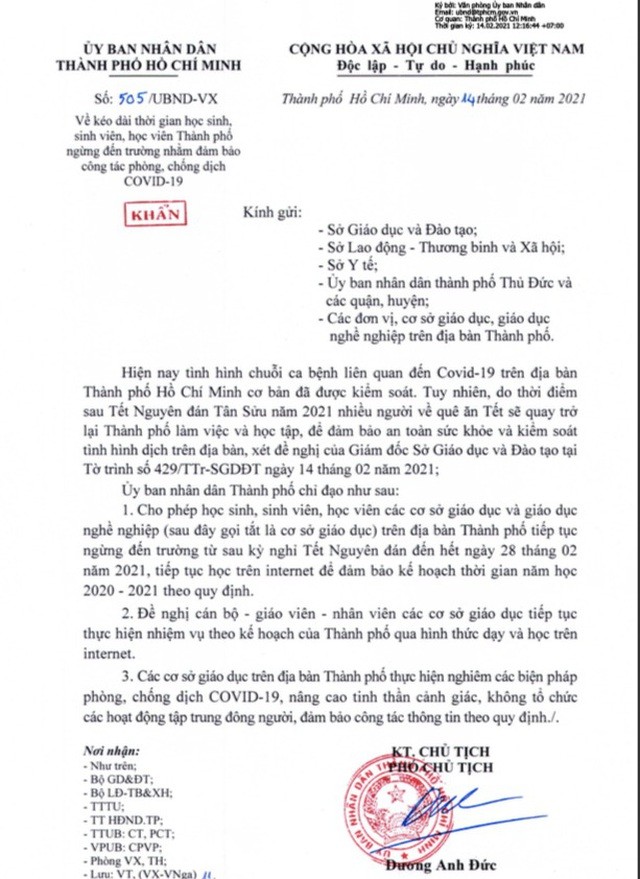 Thành phố Hồ Chí Minh cho học sinh nghỉ hết tháng 2 nhằm tránh dịch Covid-19