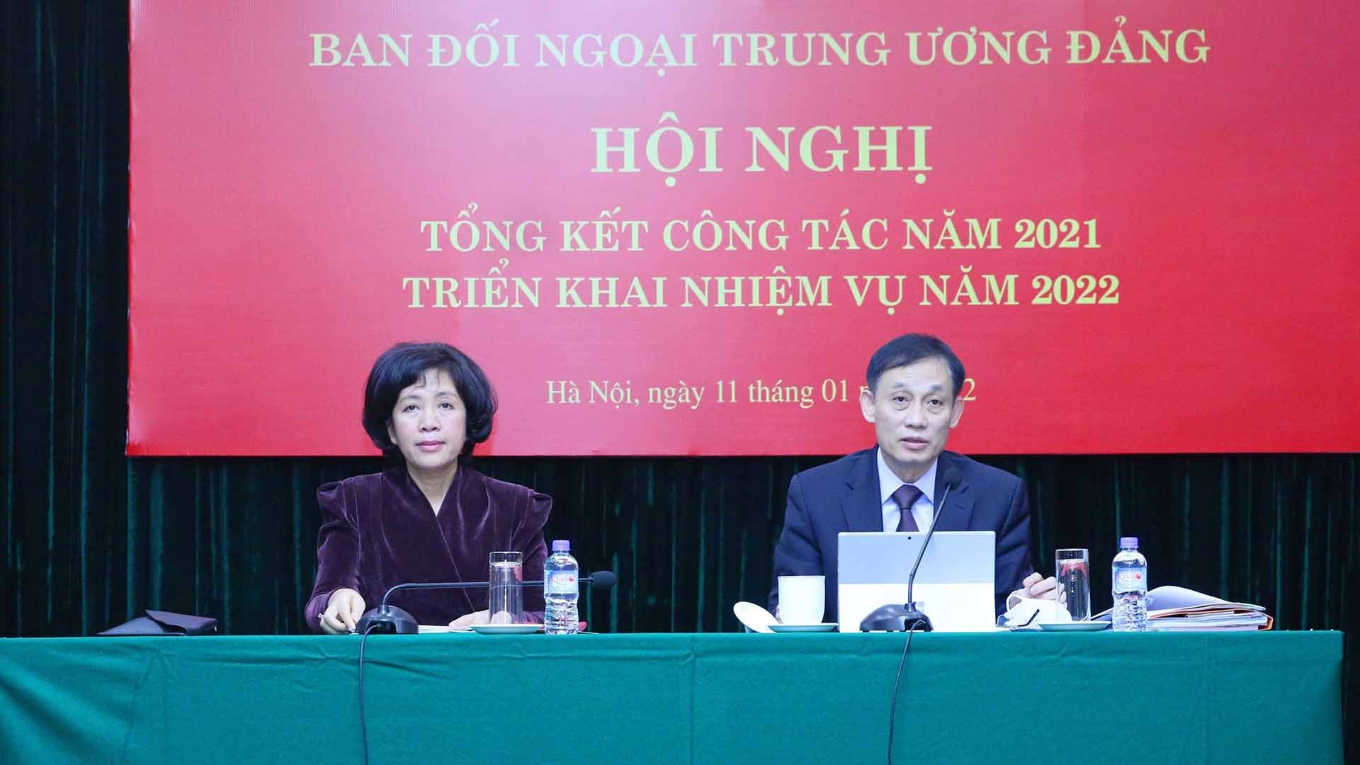 Ngày 11/1, tại Hà Nội, Ban Đối ngoại Trung ương tổ chức Hội nghị tổng kết công tác năm 2021, triển khai nhiệm vụ năm 2022. (Nguồn: TTXVN) Ngày 11/1, tại Hà Nội, Ban Đối ngoại Trung ương tổ chức Hội nghị tổng kết công tác năm 2021, triển khai nhiệm vụ năm 2022. (Nguồn: TTXVN)