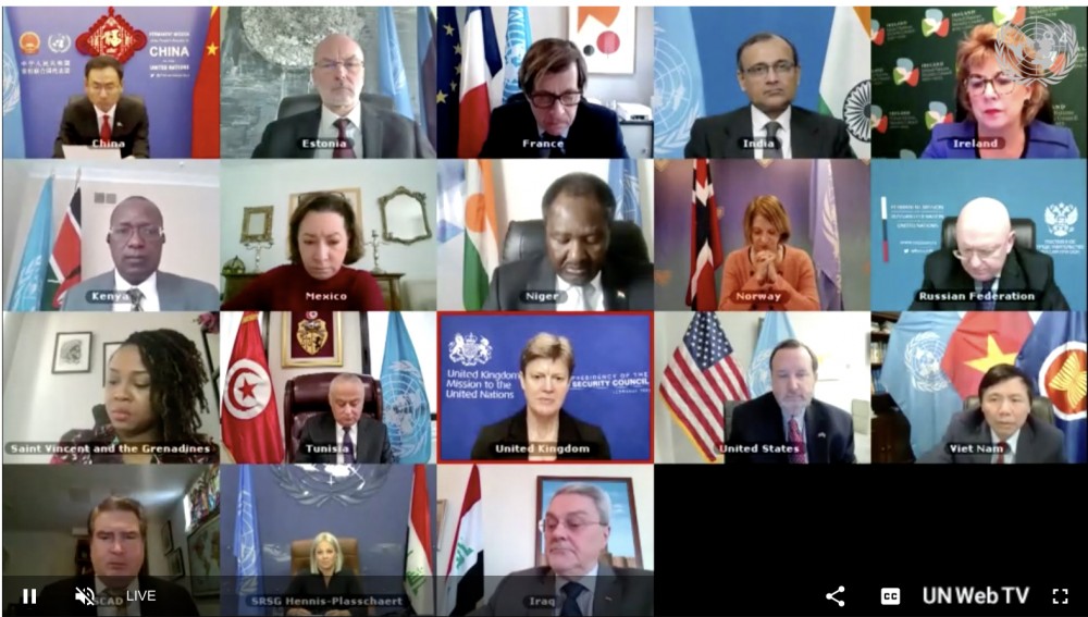 Hội đồng Bảo an Liên hợp quốc (HĐBA LHQ) đã họp trực tuyến mở về tình hình Iraq. Hội đồng Bảo an Liên hợp quốc (HĐBA LHQ) đã họp trực tuyến mở về tình hình Iraq.