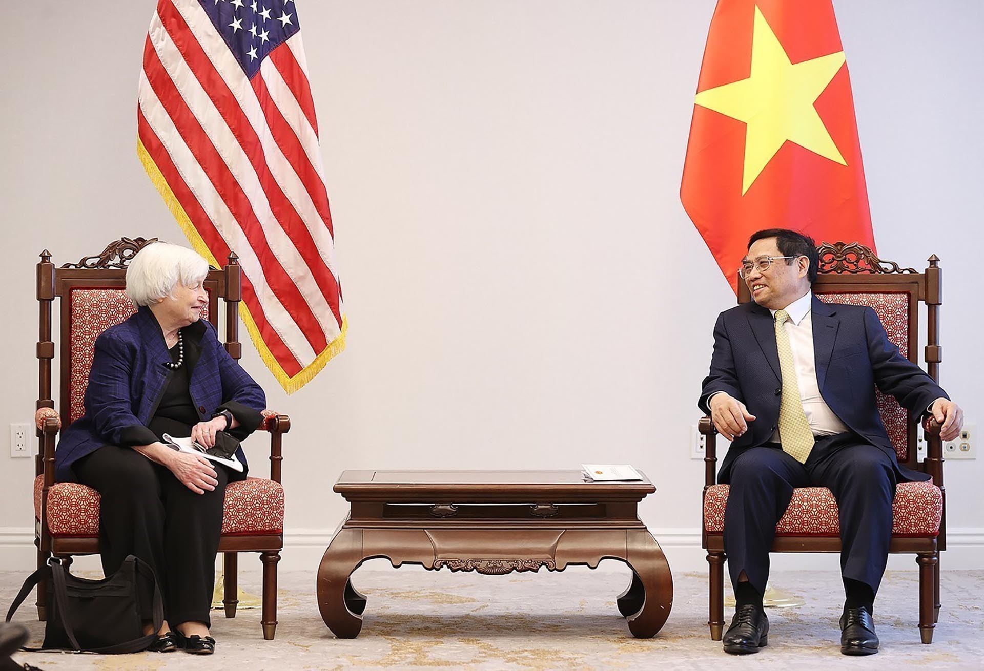 Thủ tướng Phạm Minh Chính tiếp bà Janet Yellen, Bộ trưởng Tài chính Hoa Kỳ. (Nguồn: TTXVN)