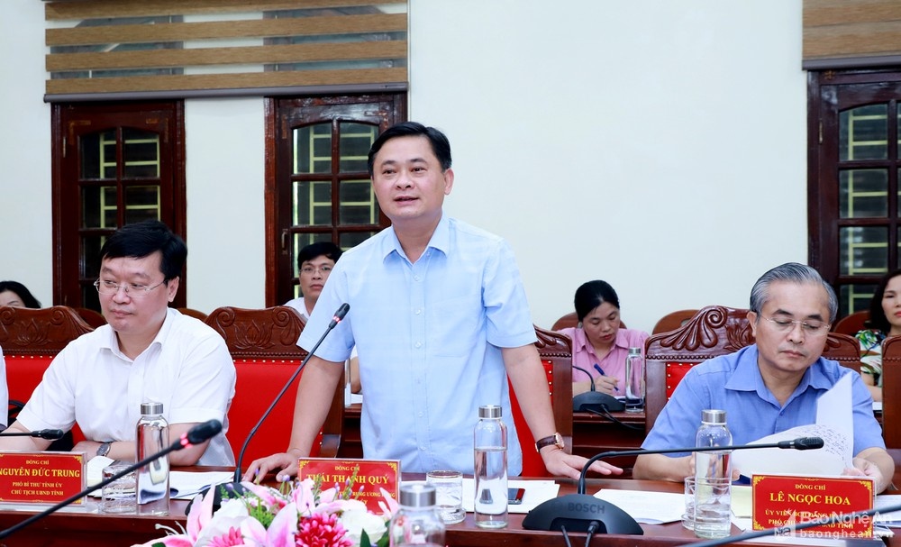 Đồng chí Thái Thanh Quý - Ủy viên dự khuyết Trung ương Đảng, Bí thư Tỉnh ủy Nghệ An phát biểu tại cuộc làm việc. Ảnh: Thành Duy thu truong ngoai giao le hoai trung lam viec voi lanh dao tinh nghe an 2